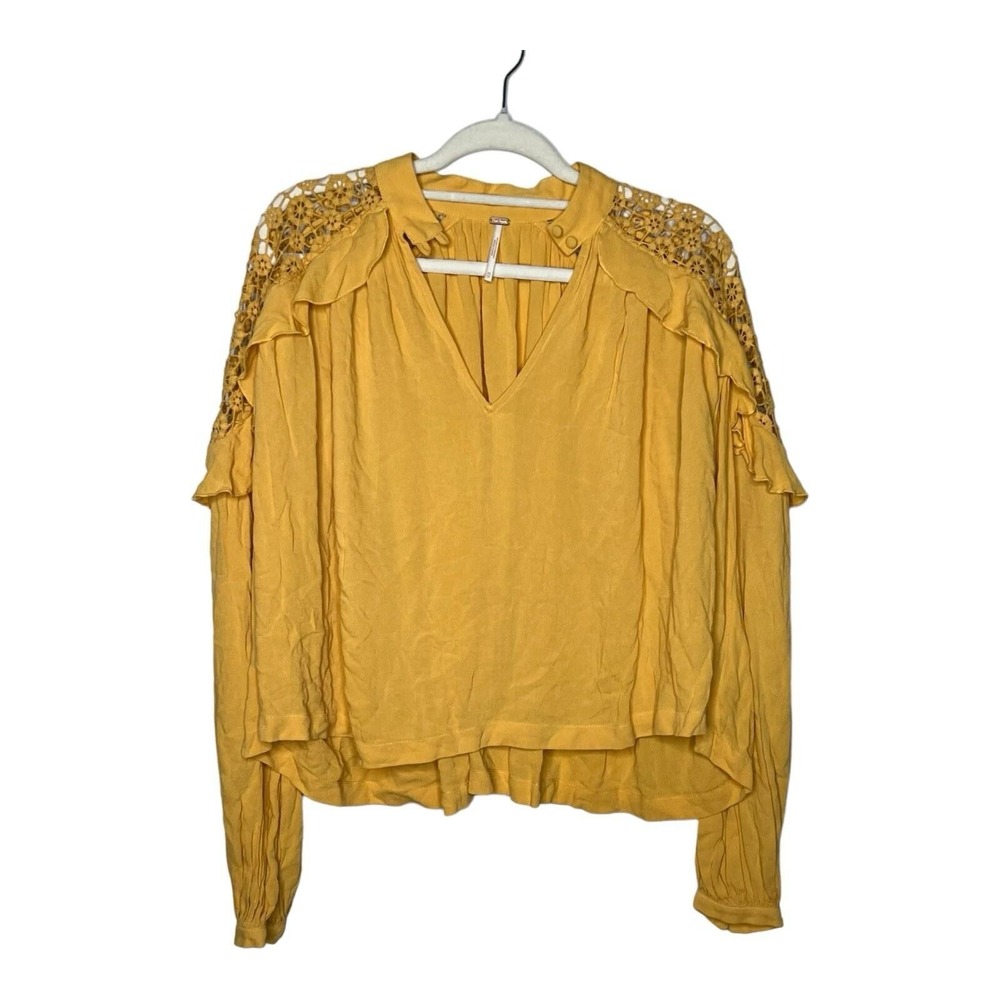 Free People Shirt Womens XS Yellow Crochet Lace Ruffle Boho Long Sleeve V Neck